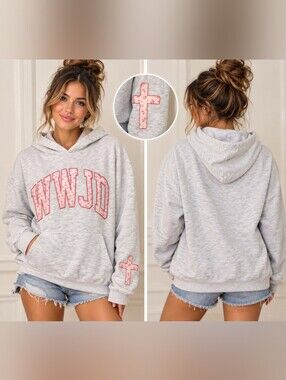 Casual Heather Gray Hoodie Sweatshirt with Pink Applique